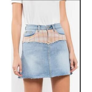 POL Womens Medium Pink Blue Plaid Denim Distressed Boho Mini Skirt NEW